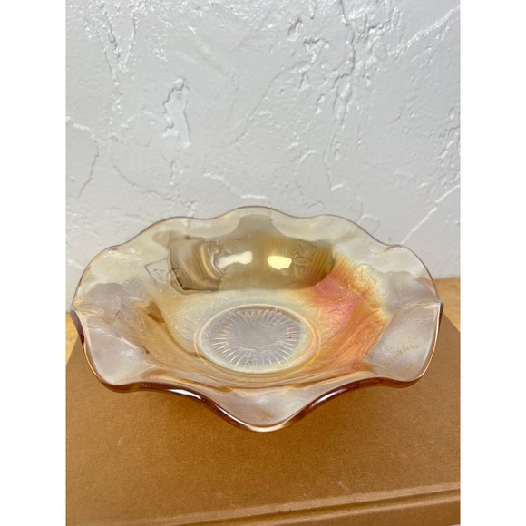 Vintage Marigold Depression Glass Iris & Herringbone Jeannette Ruffled Bowl - Picture 1 of 10
